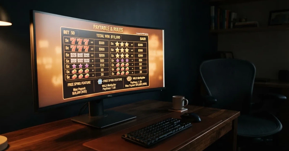 A slot machine's paytable screen glowing on a monitor in a dim room.