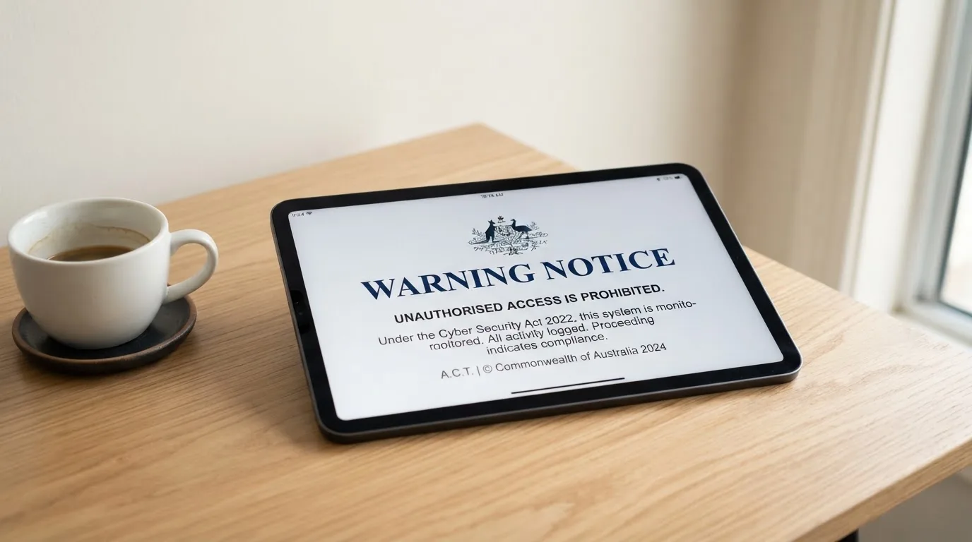 A tablet screen displaying an official regulator warning notice on a desk beside a coffee cup.