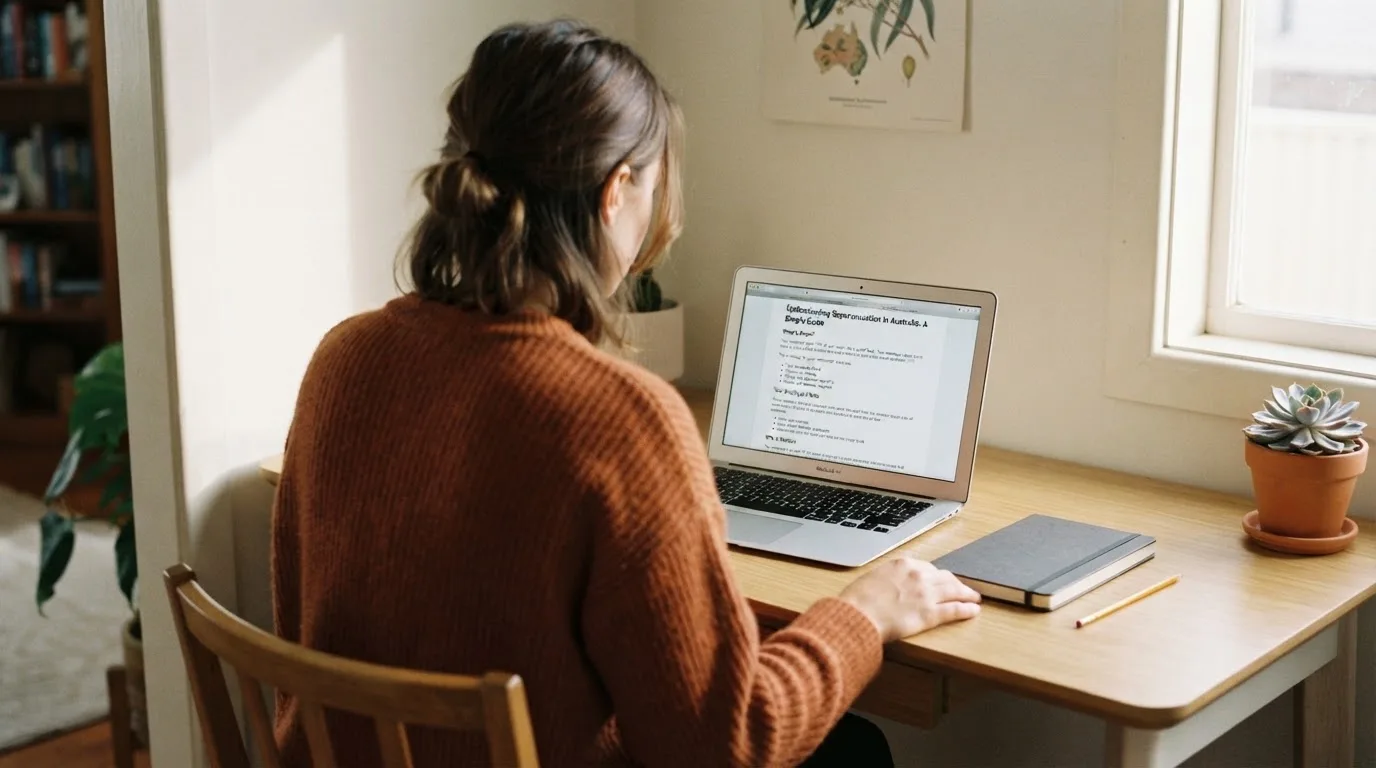 A person at a laptop reading a plain-language explainer article at a home desk.