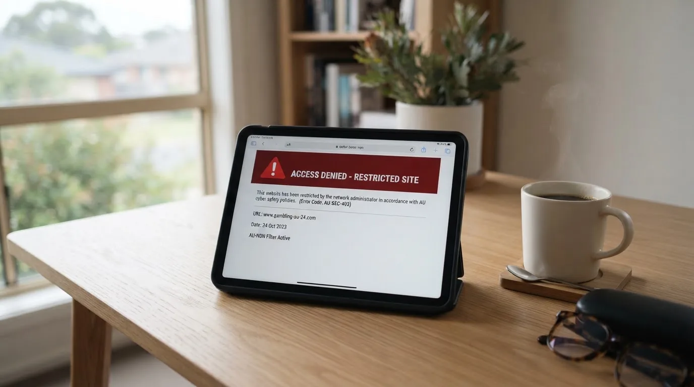 A tablet screen displaying an official regulator warning notice on a desk beside a coffee cup.