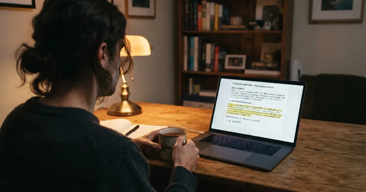 A laptop screen showing a terms-and-conditions page with wagering requirements highlighted.