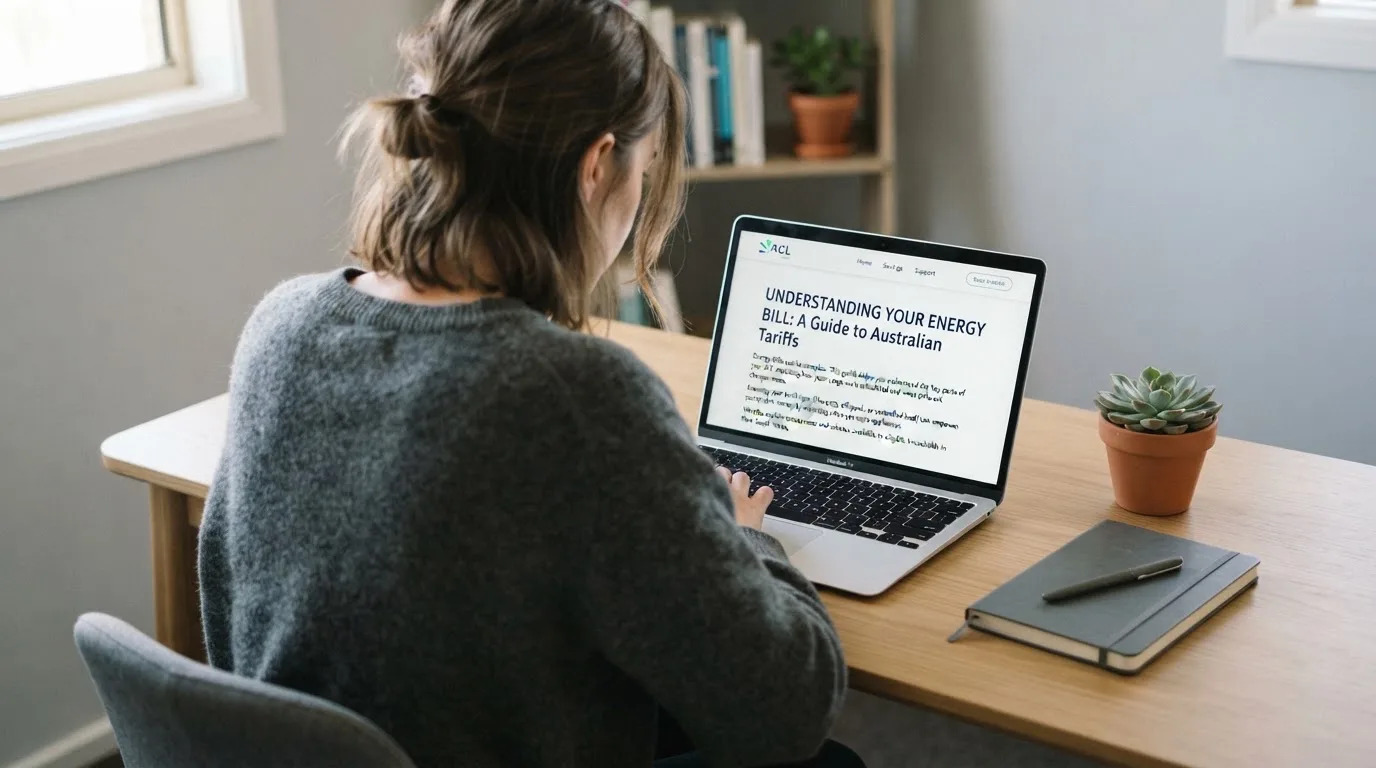A person at a laptop reading a plain-language explainer article at a home desk.