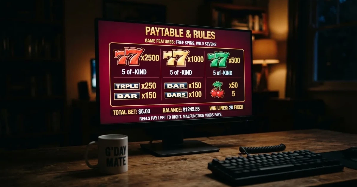 A slot machine's paytable screen glowing on a monitor in a dim room.