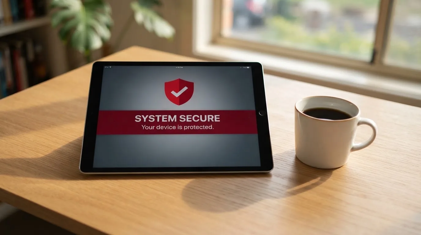 A tablet screen displaying an official regulator warning notice on a desk beside a coffee cup.