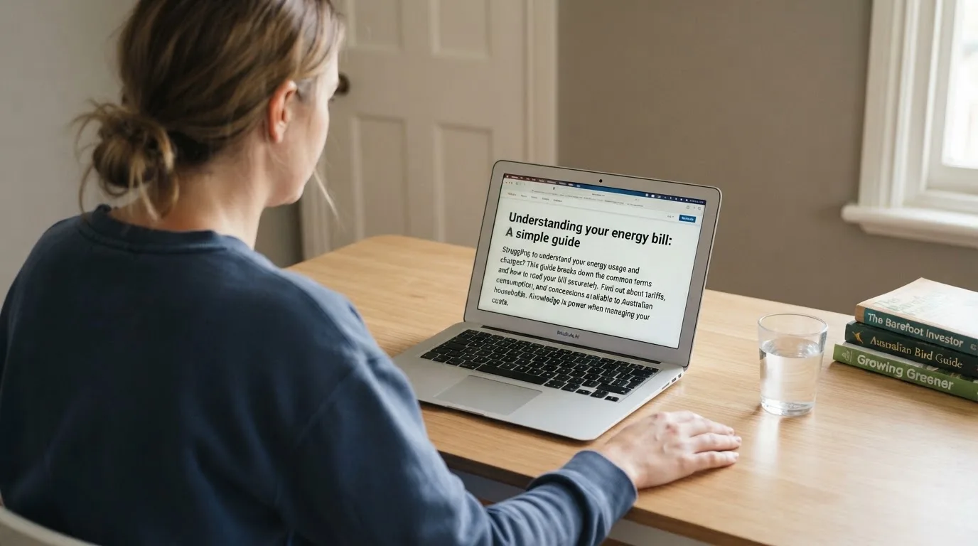 A person at a laptop reading a plain-language explainer article at a home desk.