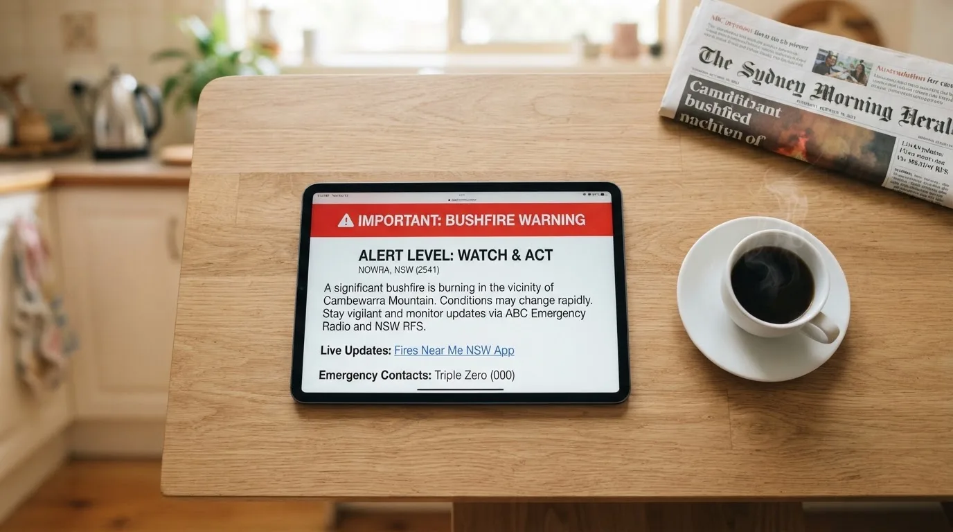 A tablet screen displaying an official regulator warning notice on a desk beside a coffee cup.