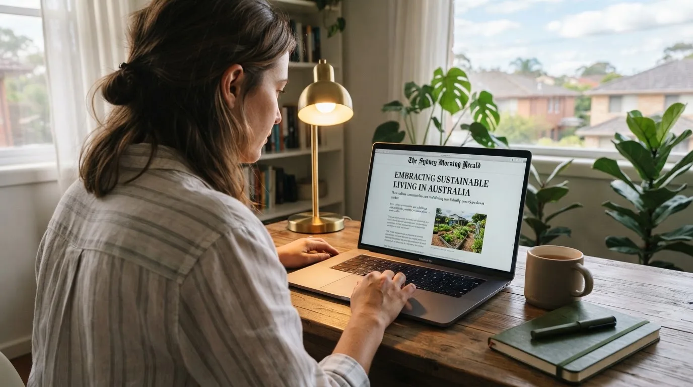 A person at a laptop reading a plain-language explainer article at a home desk.
