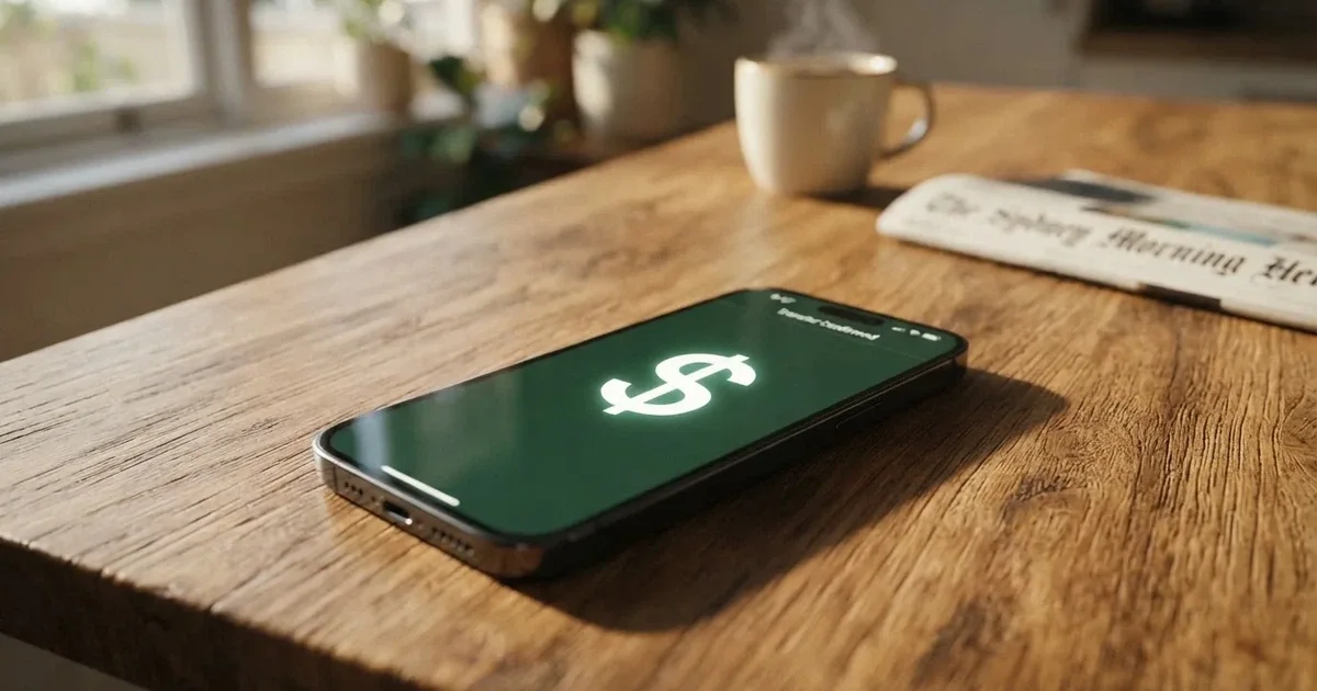 A close-up of a banking app on a smartphone showing a same-day transfer confirmation on a kitchen table.