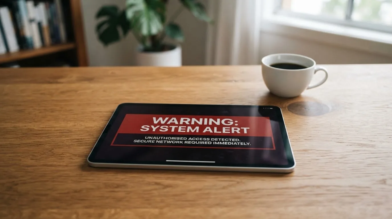 A tablet screen displaying an official regulator warning notice on a desk beside a coffee cup.