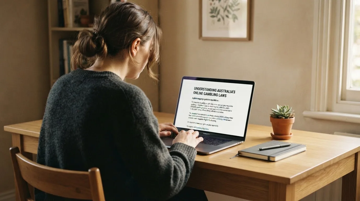A person at a laptop reading a plain-language explainer article at a home desk.
