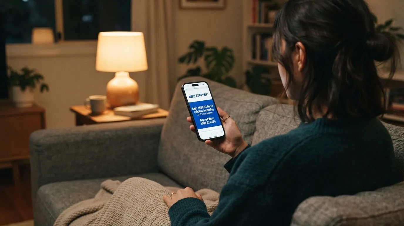 A person looking at a support helpline page on a phone while sitting on a couch.