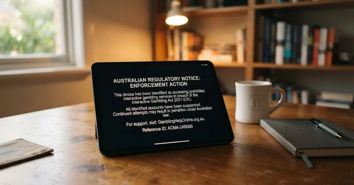 A tablet screen displaying an official regulator warning notice on a desk beside a coffee cup.
