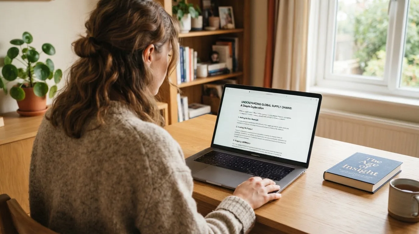 A person at a laptop reading a plain-language explainer article at a home desk.