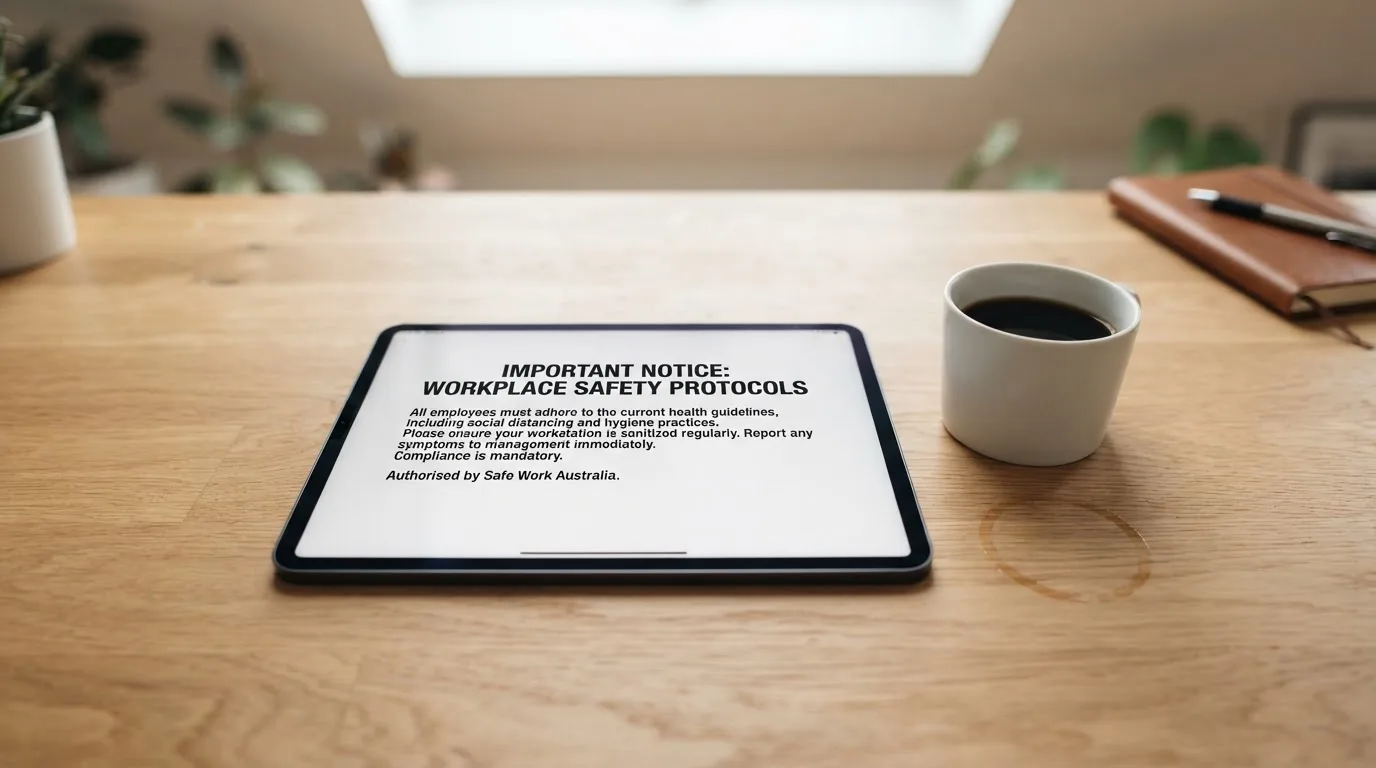 A tablet screen displaying an official regulator warning notice on a desk beside a coffee cup.