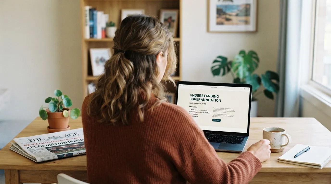 A person at a laptop reading a plain-language explainer article at a home desk.