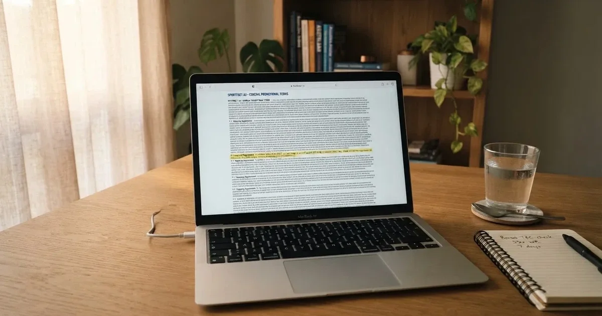 A laptop screen showing a terms-and-conditions page with wagering requirements highlighted.