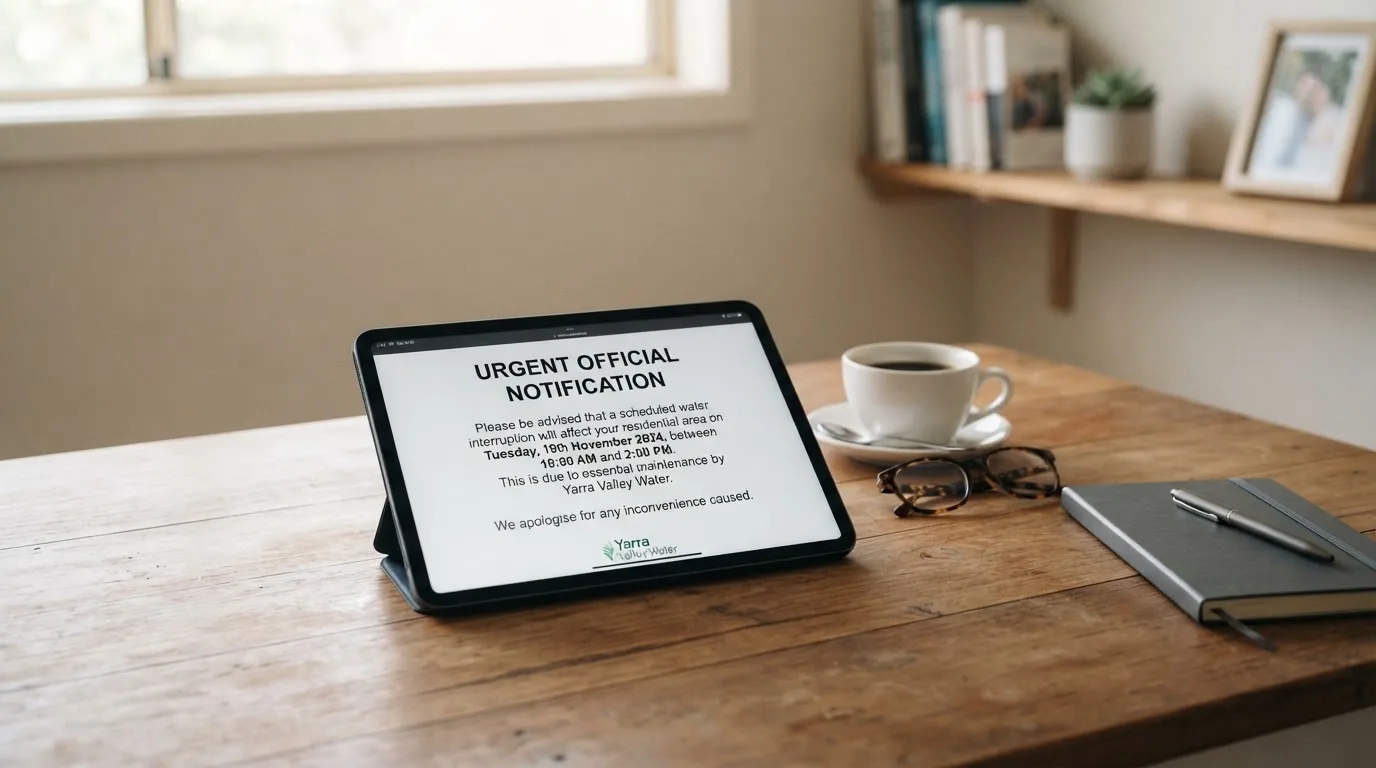 A tablet screen displaying an official regulator warning notice on a desk beside a coffee cup.
