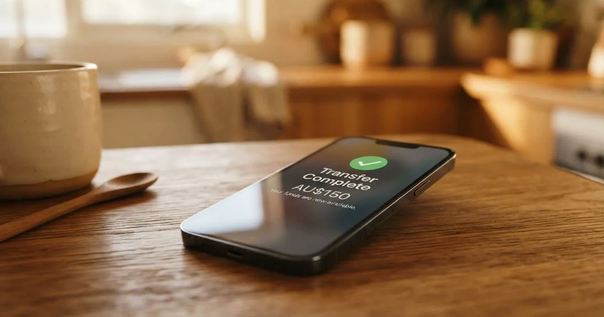 A close-up of a banking app on a smartphone showing a same-day transfer confirmation on a kitchen table.