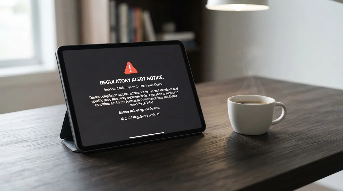 A tablet screen displaying an official regulator warning notice on a desk beside a coffee cup.