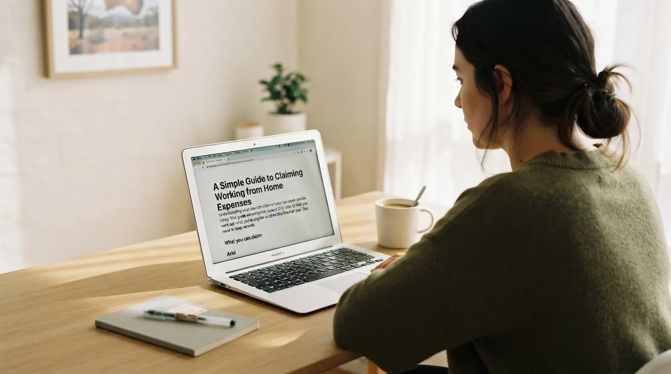 A person at a laptop reading a plain-language explainer article at a home desk.