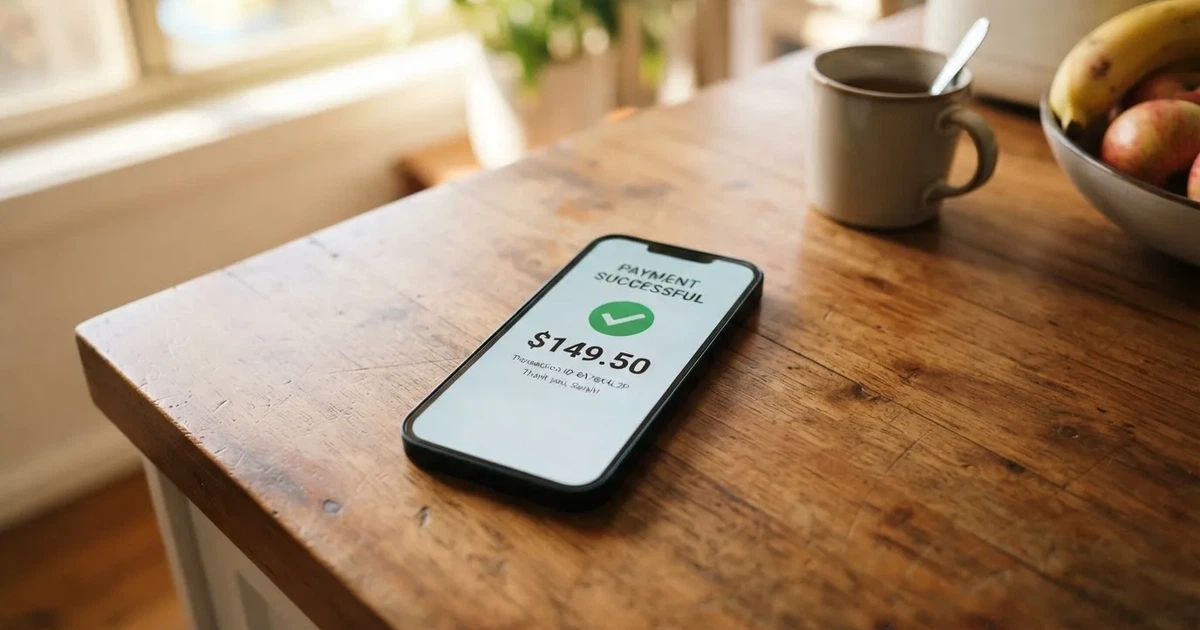 A close-up of a banking app on a smartphone showing a same-day transfer confirmation on a kitchen table.