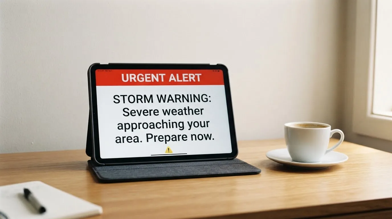 A tablet screen displaying an official regulator warning notice on a desk beside a coffee cup.