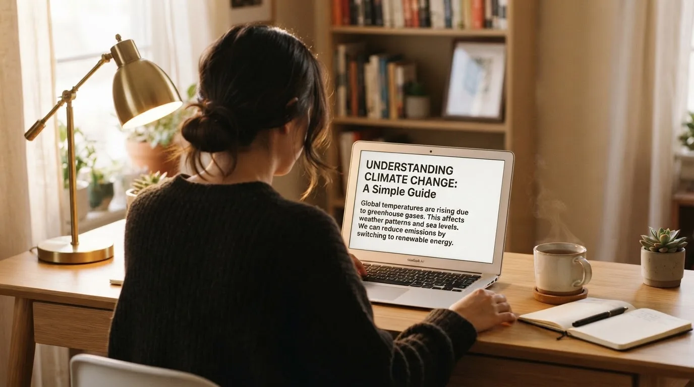 A person at a laptop reading a plain-language explainer article at a home desk.