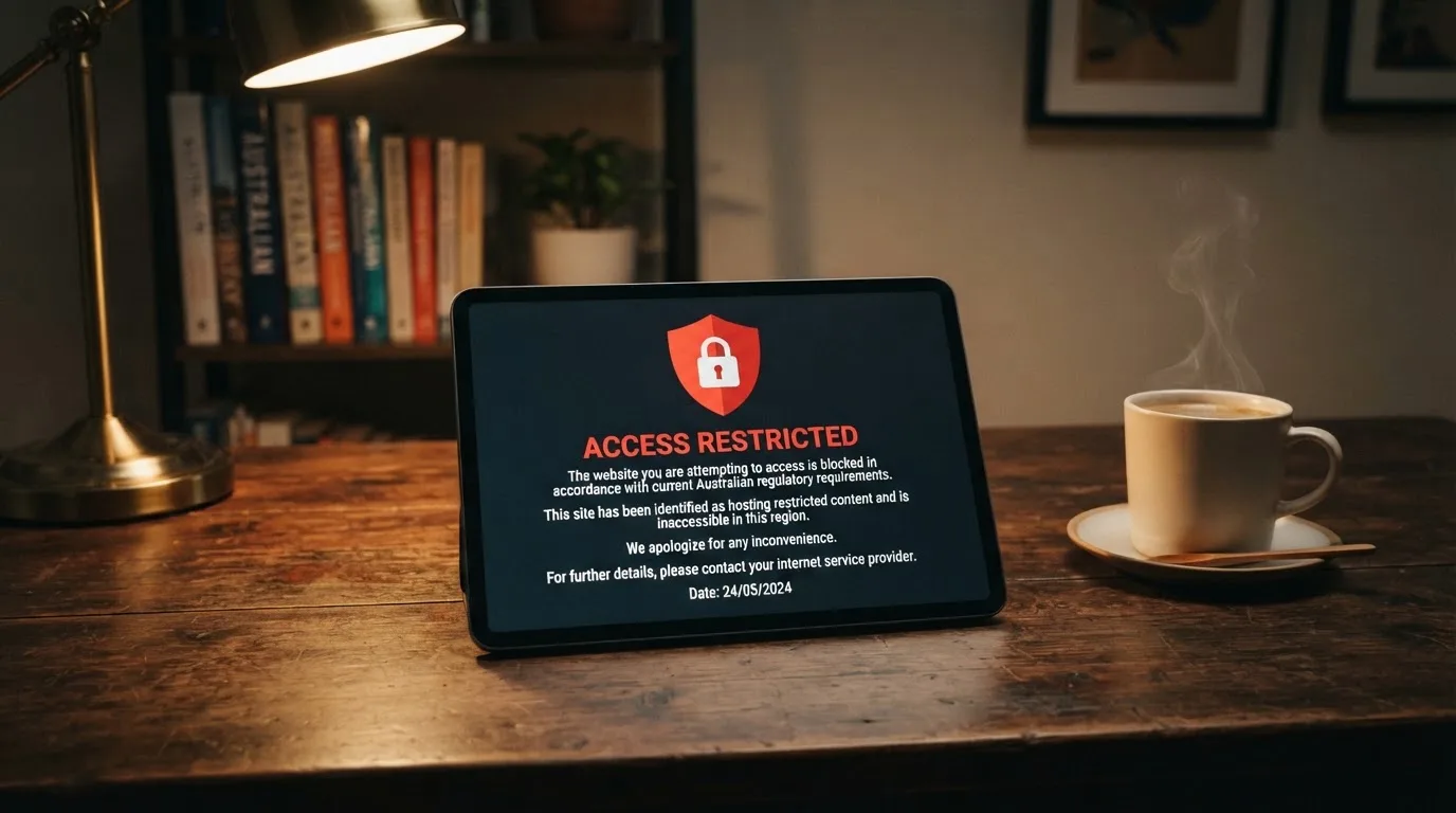 A tablet screen displaying an official regulator warning notice on a desk beside a coffee cup.