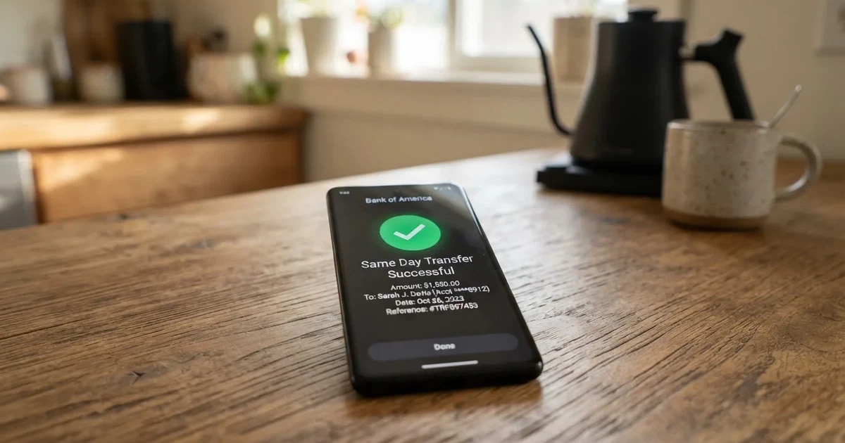 A close-up of a banking app on a smartphone showing a same-day transfer confirmation on a kitchen table.
