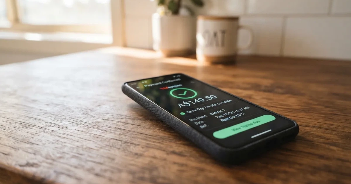 A close-up of a banking app on a smartphone showing a same-day transfer confirmation on a kitchen table.