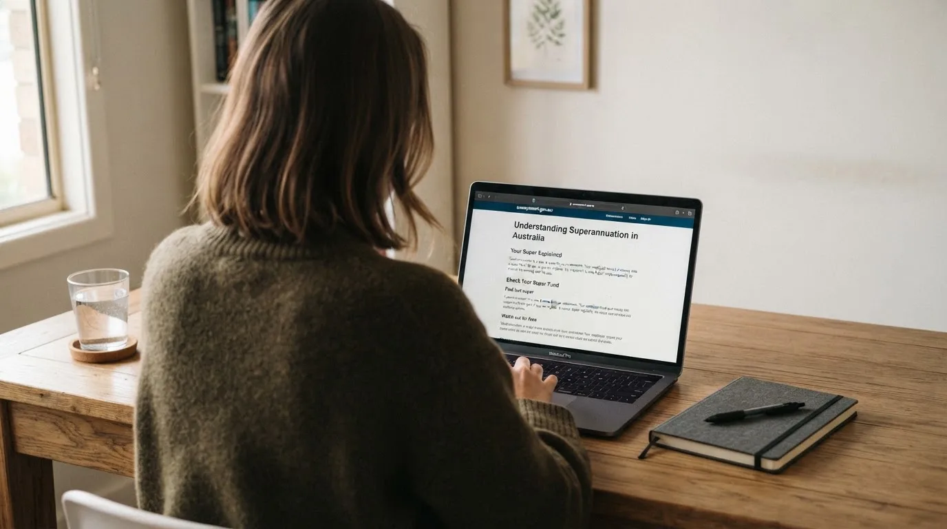 A person at a laptop reading a plain-language explainer article at a home desk.