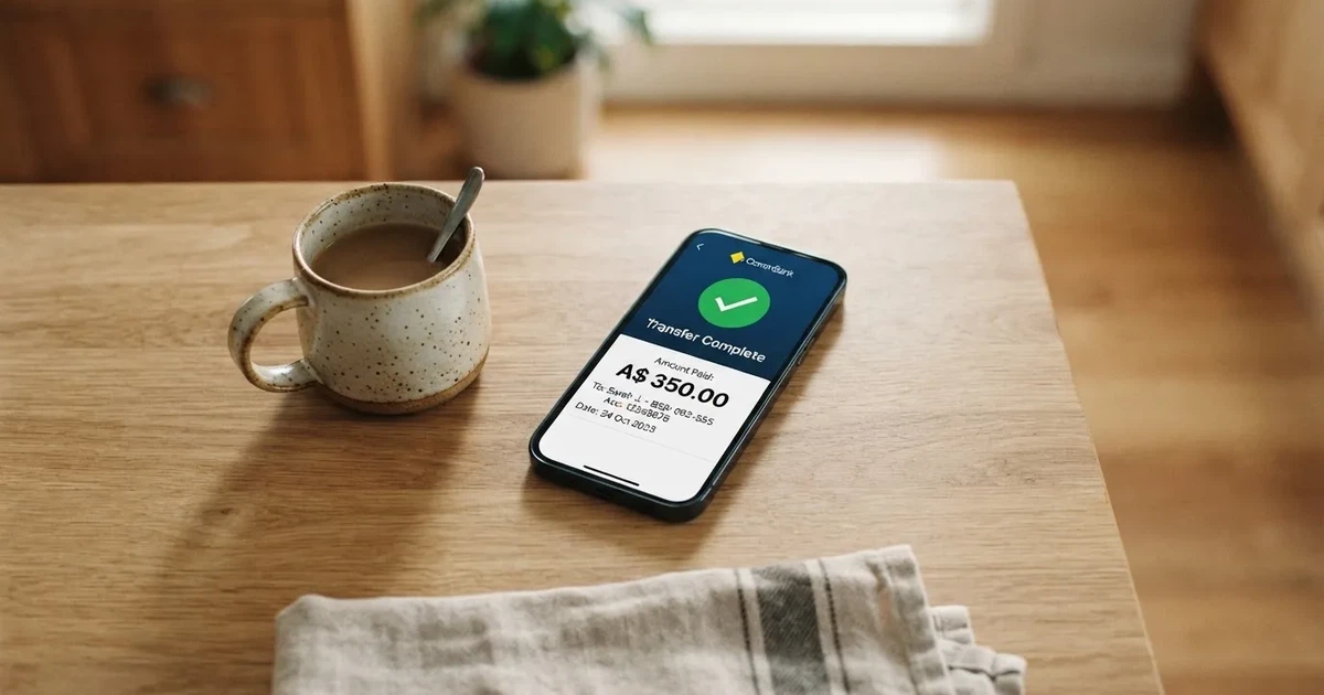 A close-up of a banking app on a smartphone showing a same-day transfer confirmation on a kitchen table.