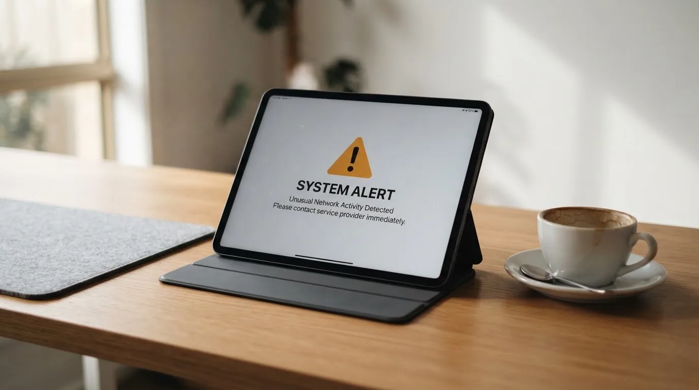 A tablet screen displaying an official regulator warning notice on a desk beside a coffee cup.