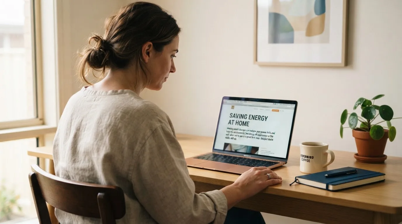 A person at a laptop reading a plain-language explainer article at a home desk.