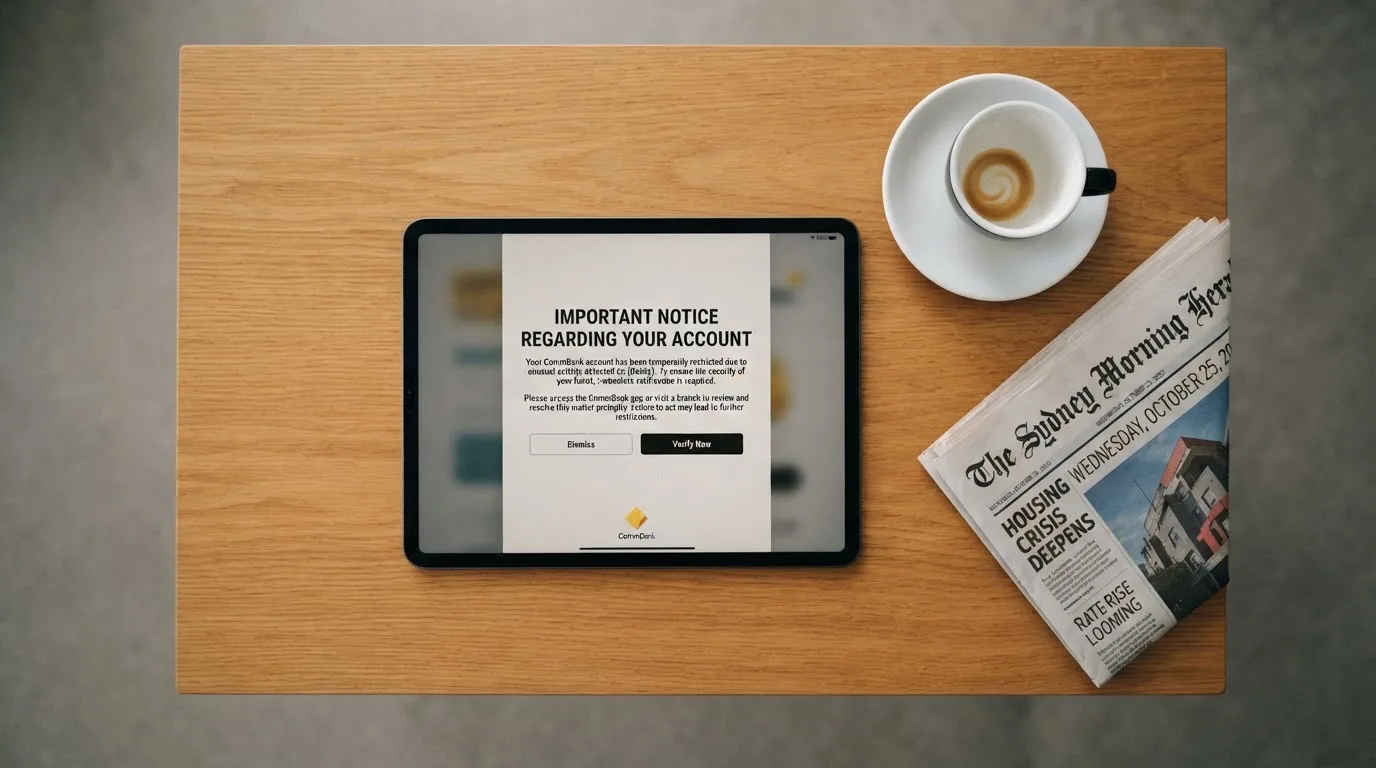 A tablet screen displaying an official regulator warning notice on a desk beside a coffee cup.