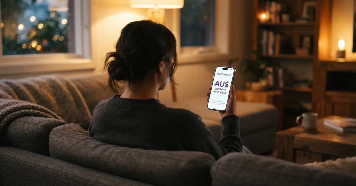 A person looking at a support helpline page on a phone while sitting on a couch.