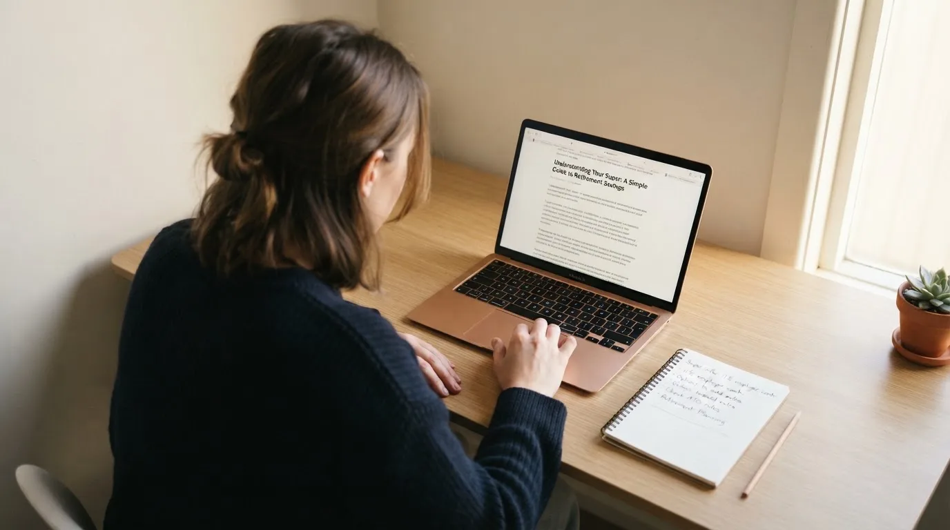 A person at a laptop reading a plain-language explainer article at a home desk.