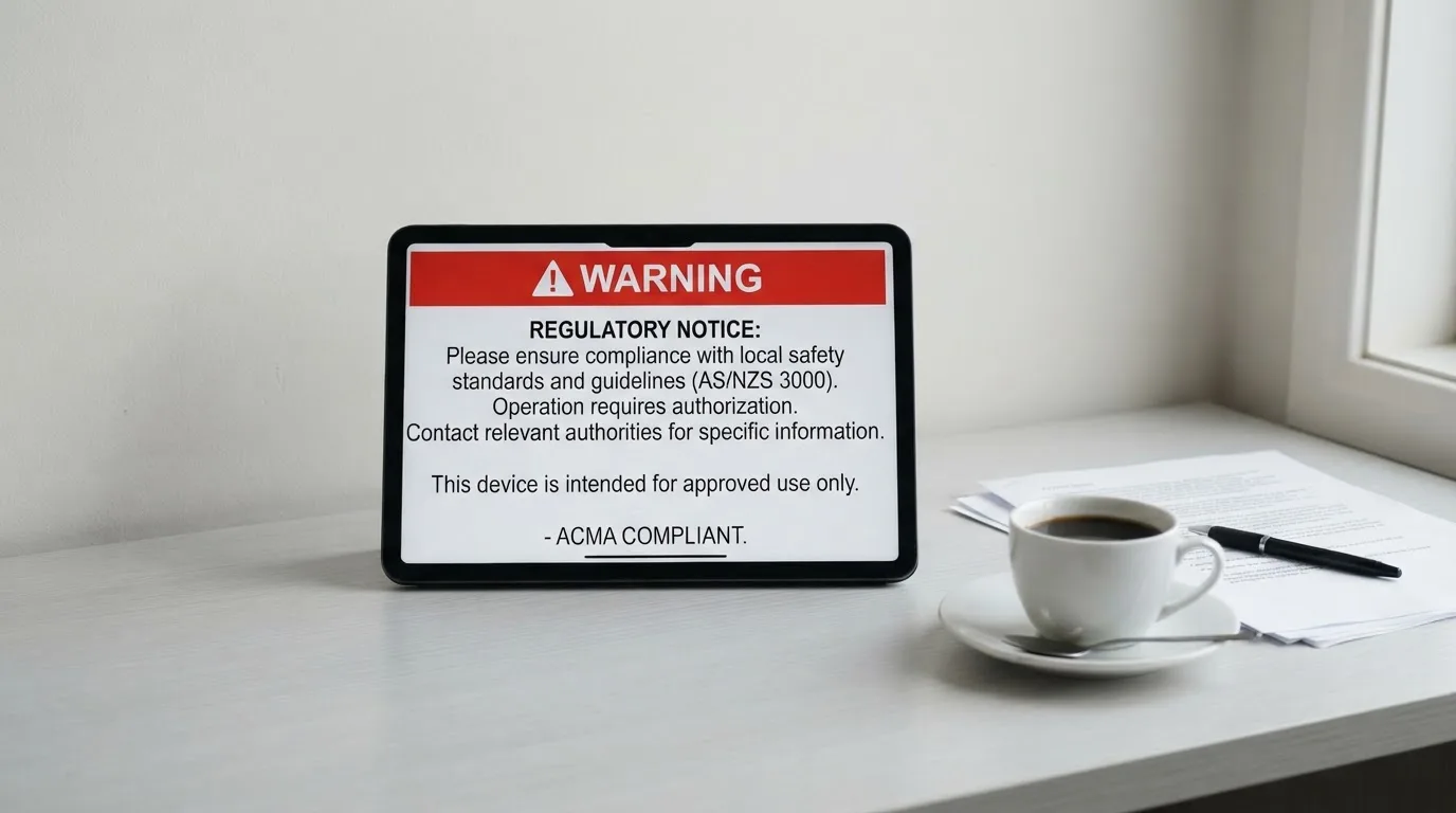 A tablet screen displaying an official regulator warning notice on a desk beside a coffee cup.