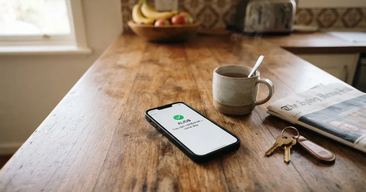 A close-up of a banking app on a smartphone showing a same-day transfer confirmation on a kitchen table.