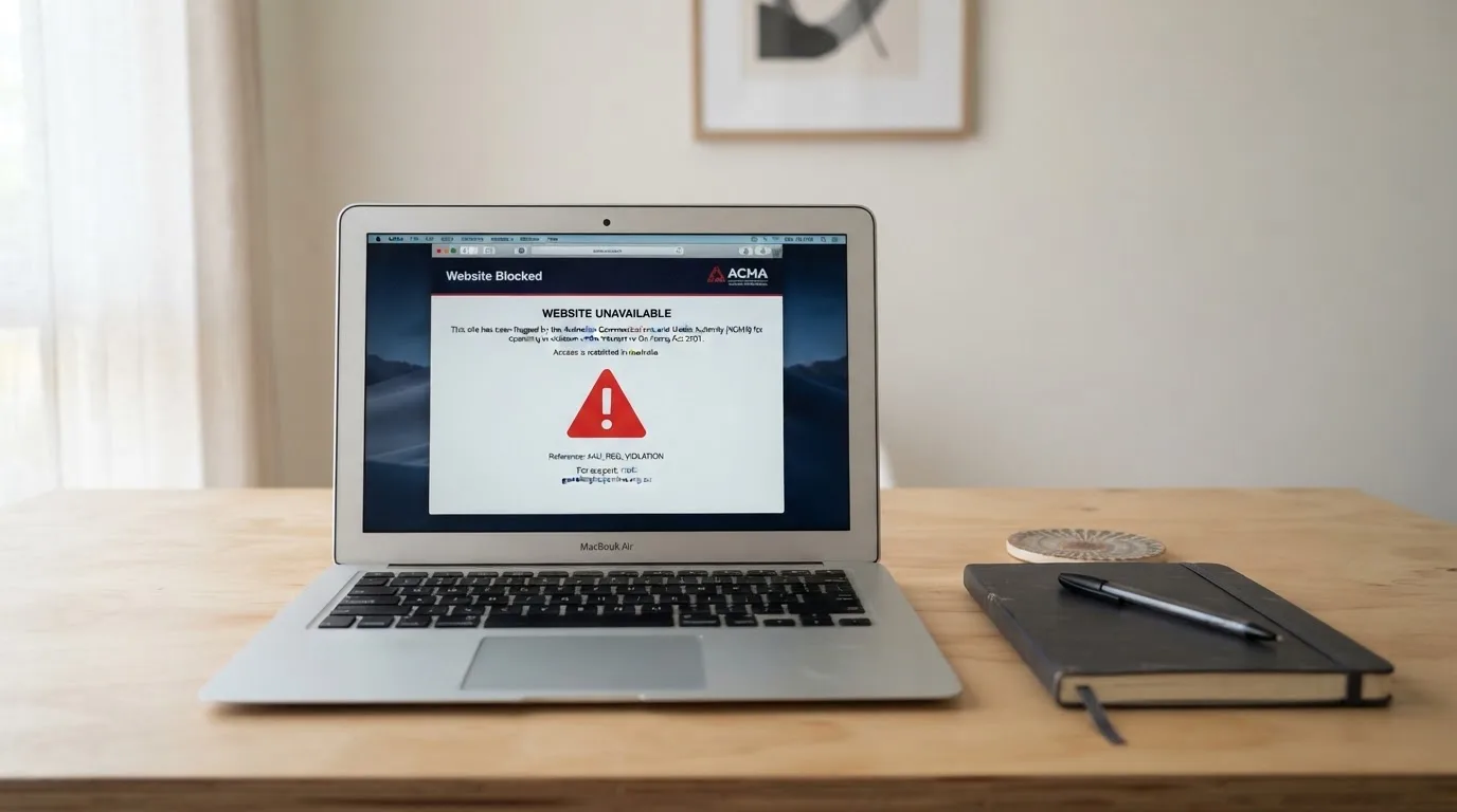 A printed government warning notice on a desk beside a laptop with a red alert icon on the screen.