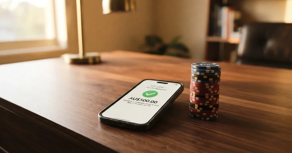 A phone displaying a bank transfer confirmation screen next to a stack of Australian dollar notes.