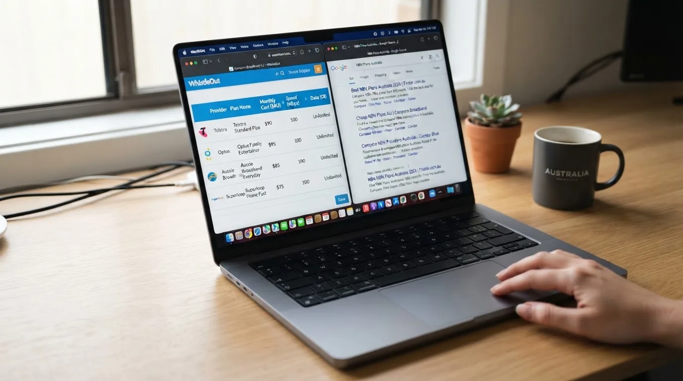 A laptop screen split between two browser tabs, one showing a comparison table and the other a search results page.