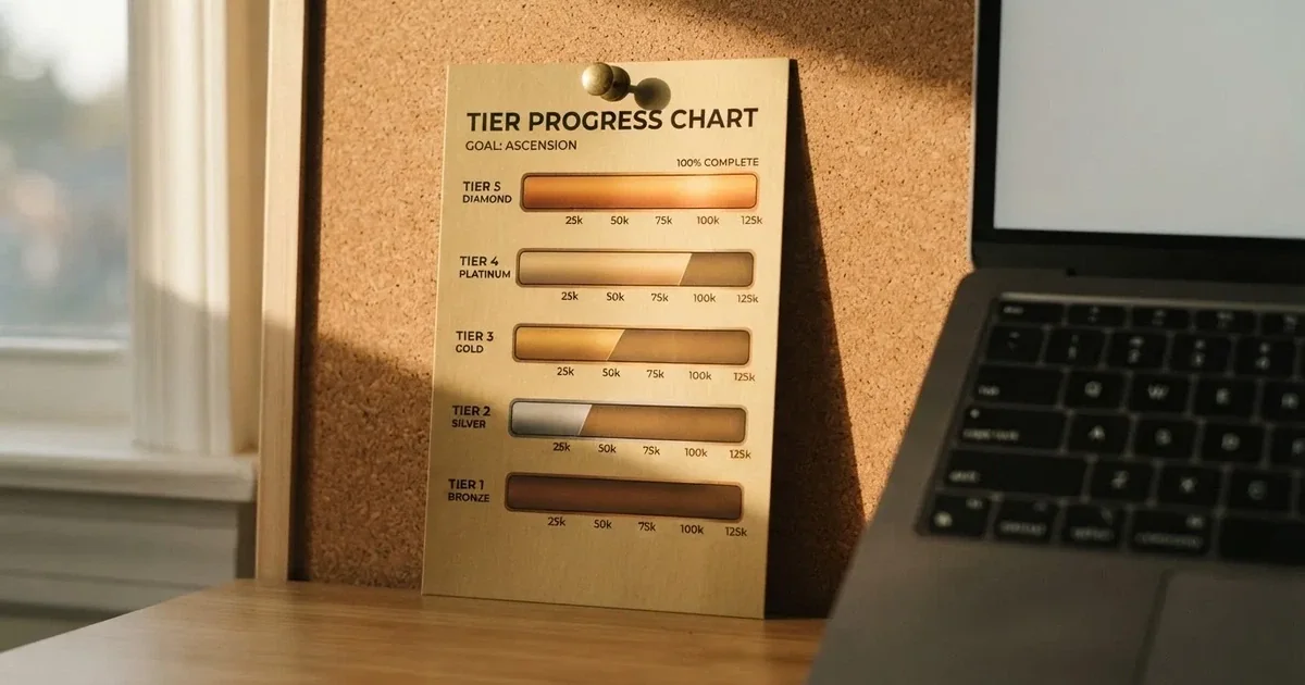 A gold-coloured tier chart pinned to a corkboard next to a laptop keyboard.