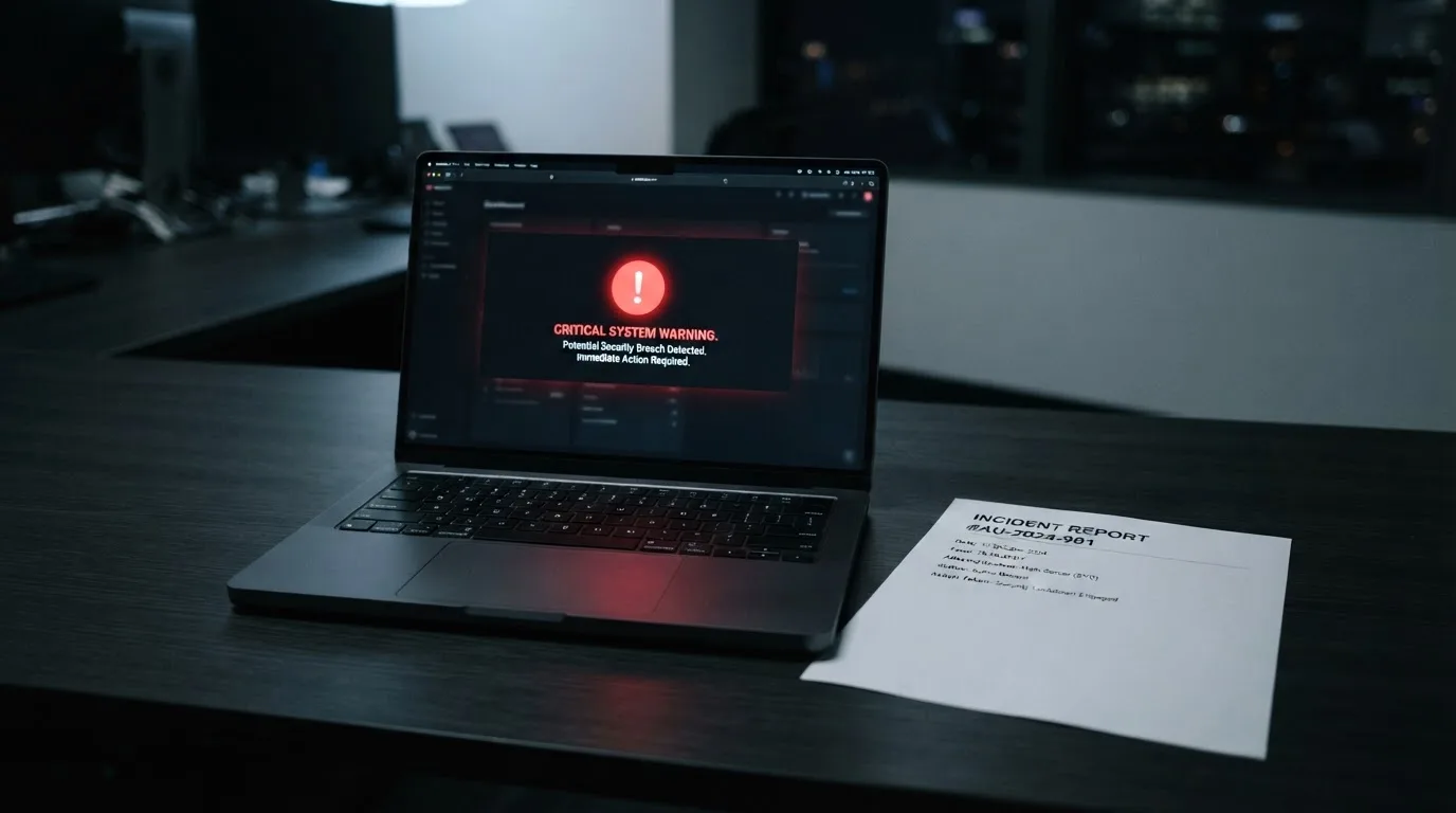 A printed government warning notice on a desk beside a laptop with a red alert icon on the screen.