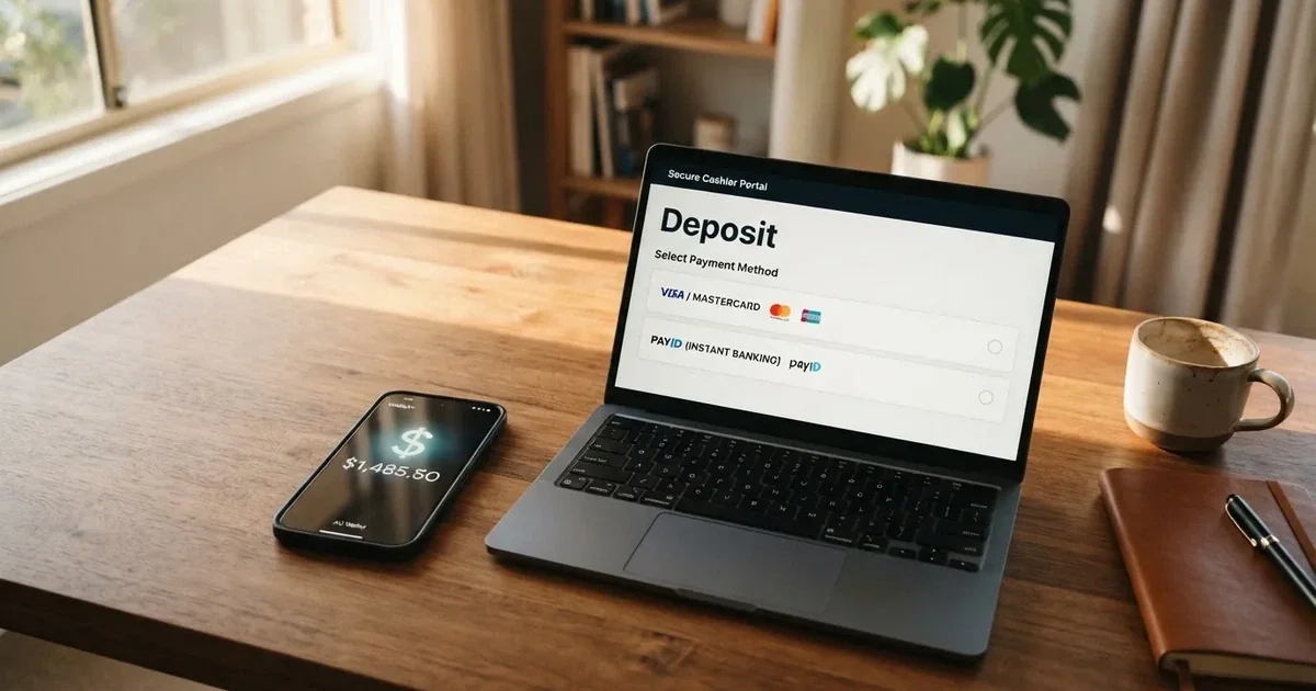 A smartphone screen showing a digital wallet balance next to a laptop cashier page.