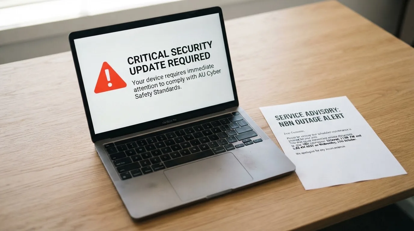 A printed government warning notice on a desk beside a laptop with a red alert icon on the screen.