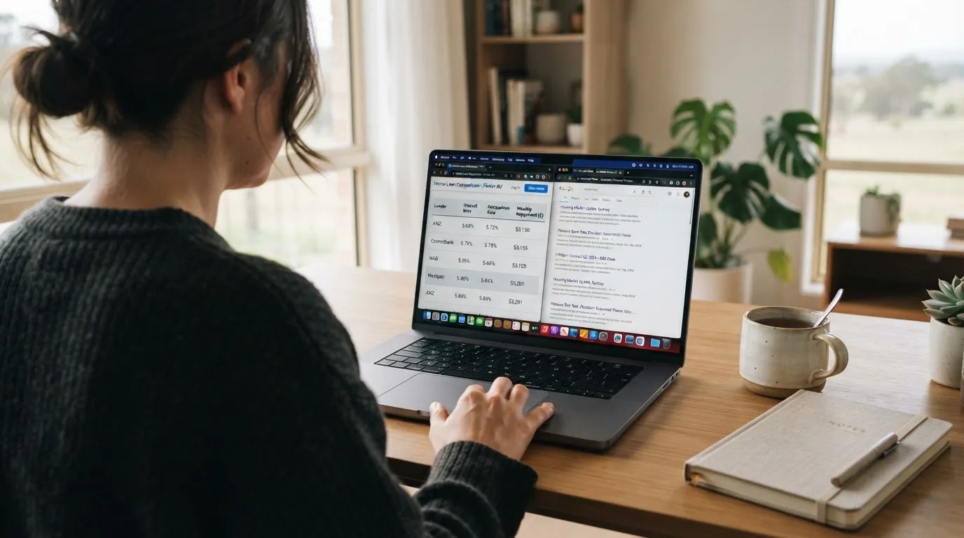 A laptop screen split between two browser tabs, one showing a comparison table and the other a search results page.