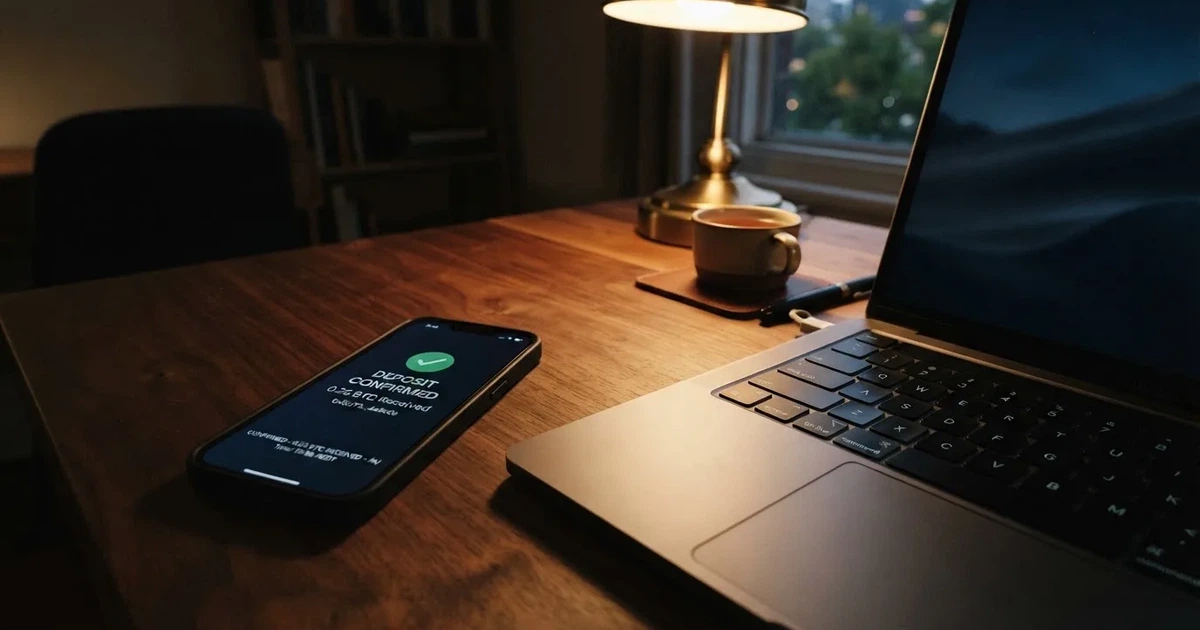 A phone displaying a blockchain transaction confirmation screen next to a laptop keyboard.