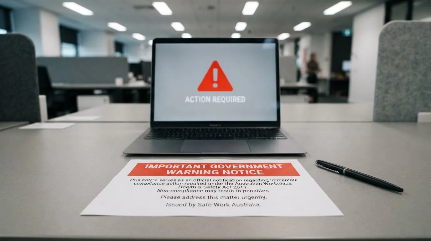 A printed government warning notice on a desk beside a laptop with a red alert icon on the screen.