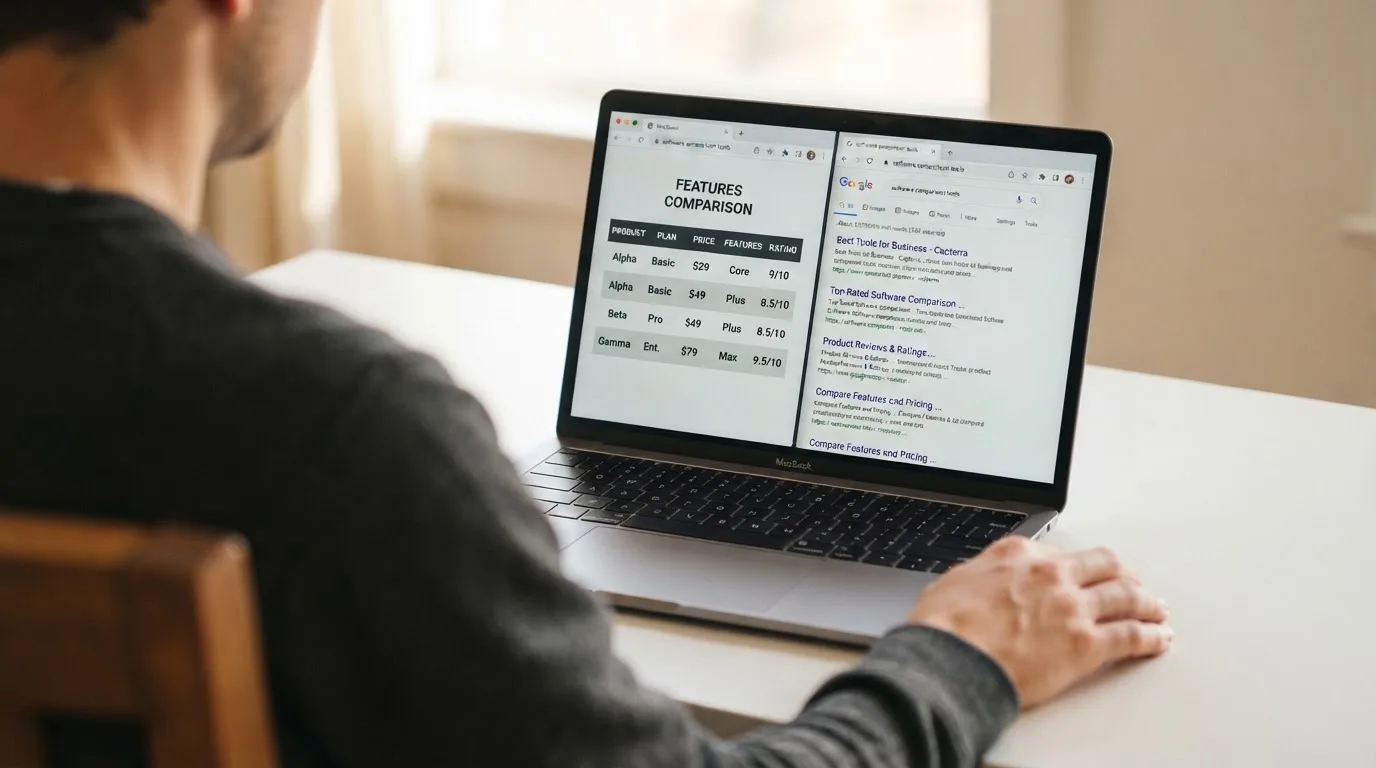 A laptop screen split between two browser tabs, one showing a comparison table and the other a search results page.